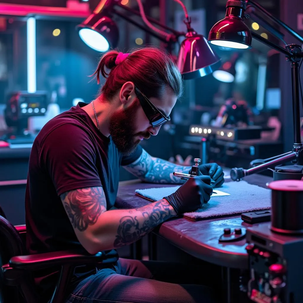 Artista trabajando en estudio futurista